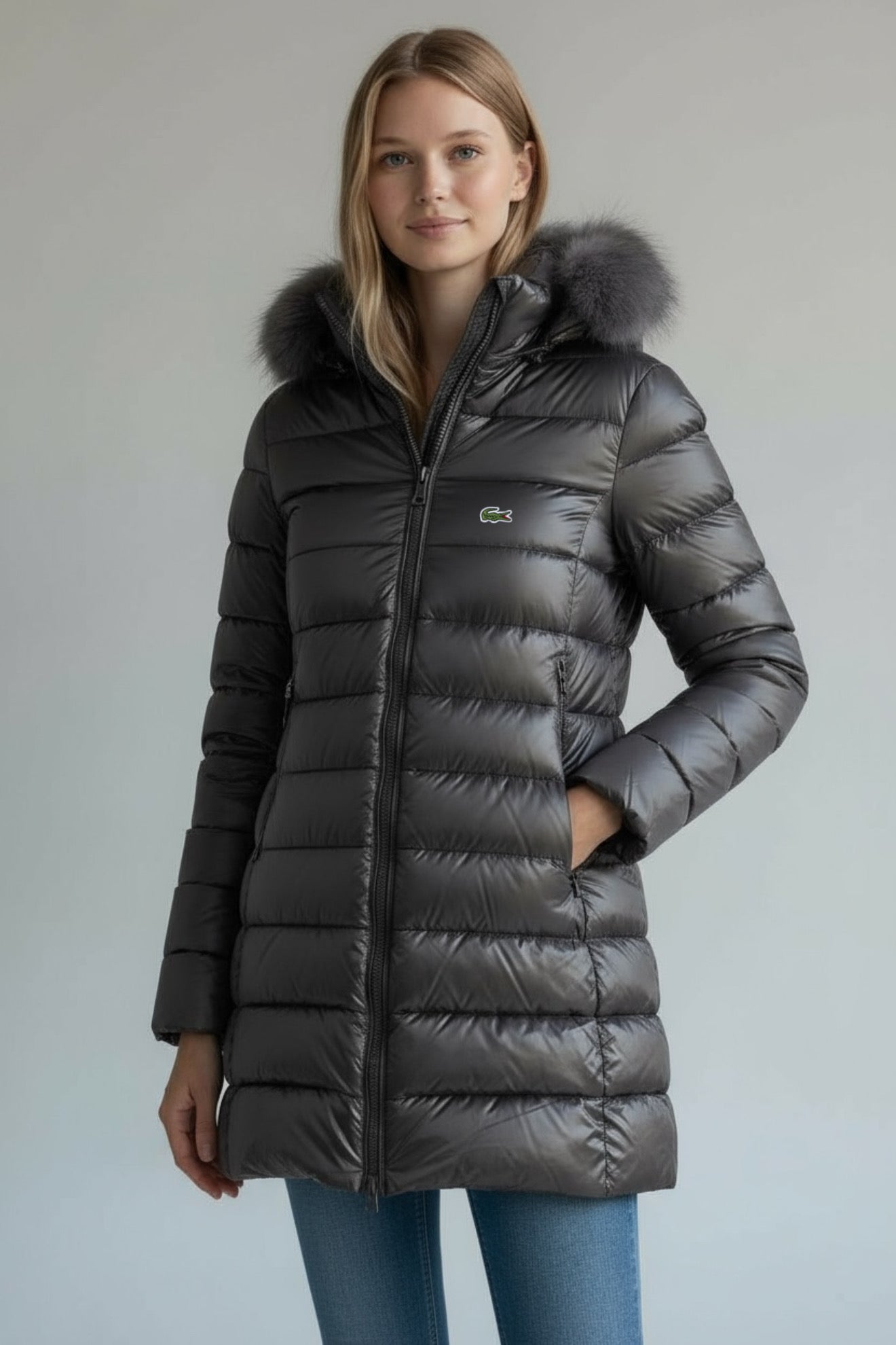 Γυναικείο Μπουφάν Lacoste Puffer με Γούνα – Μαύρο