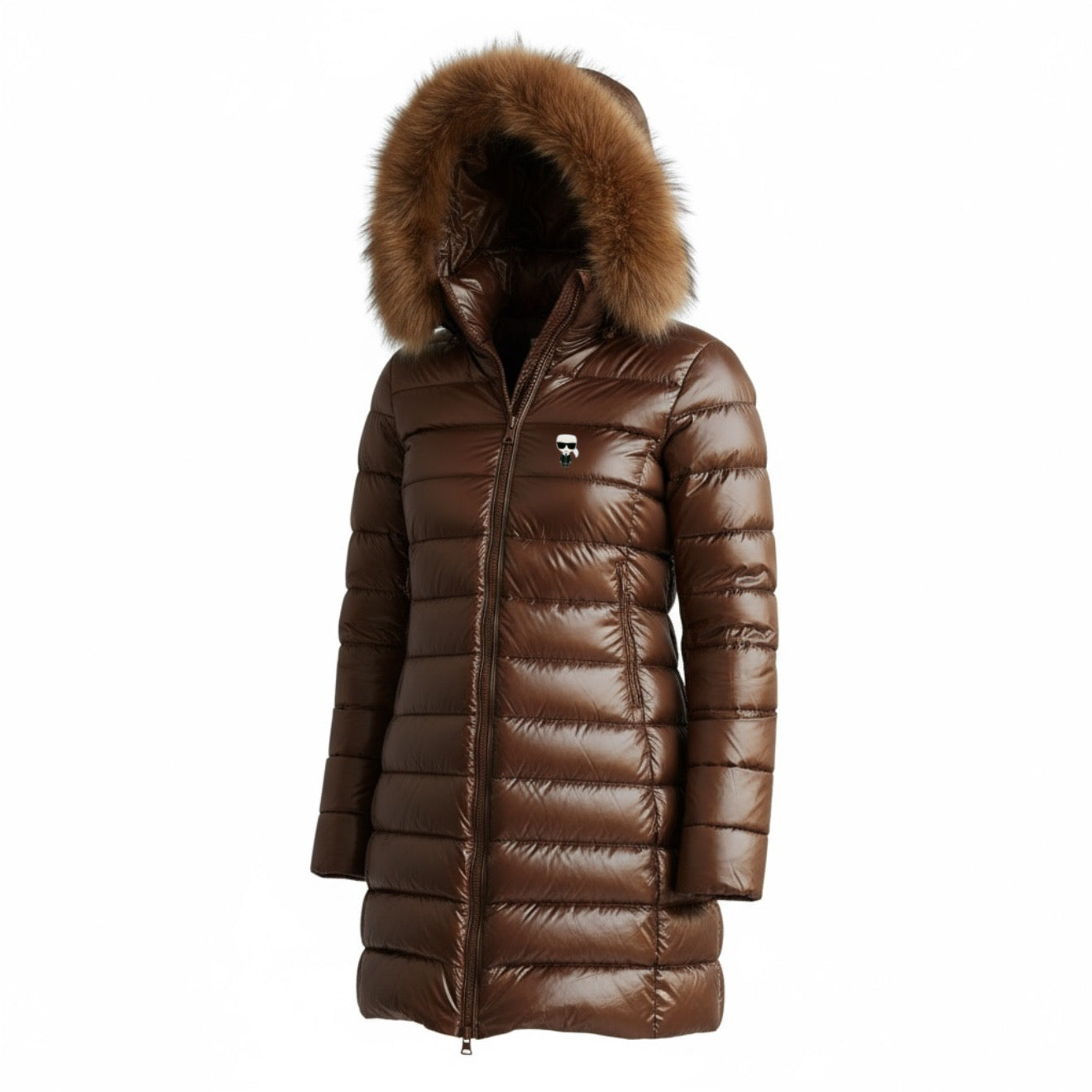 Γυναικείο Μπουφάν Karl Lagerfeld Puffer με Γούνα – Καφέ