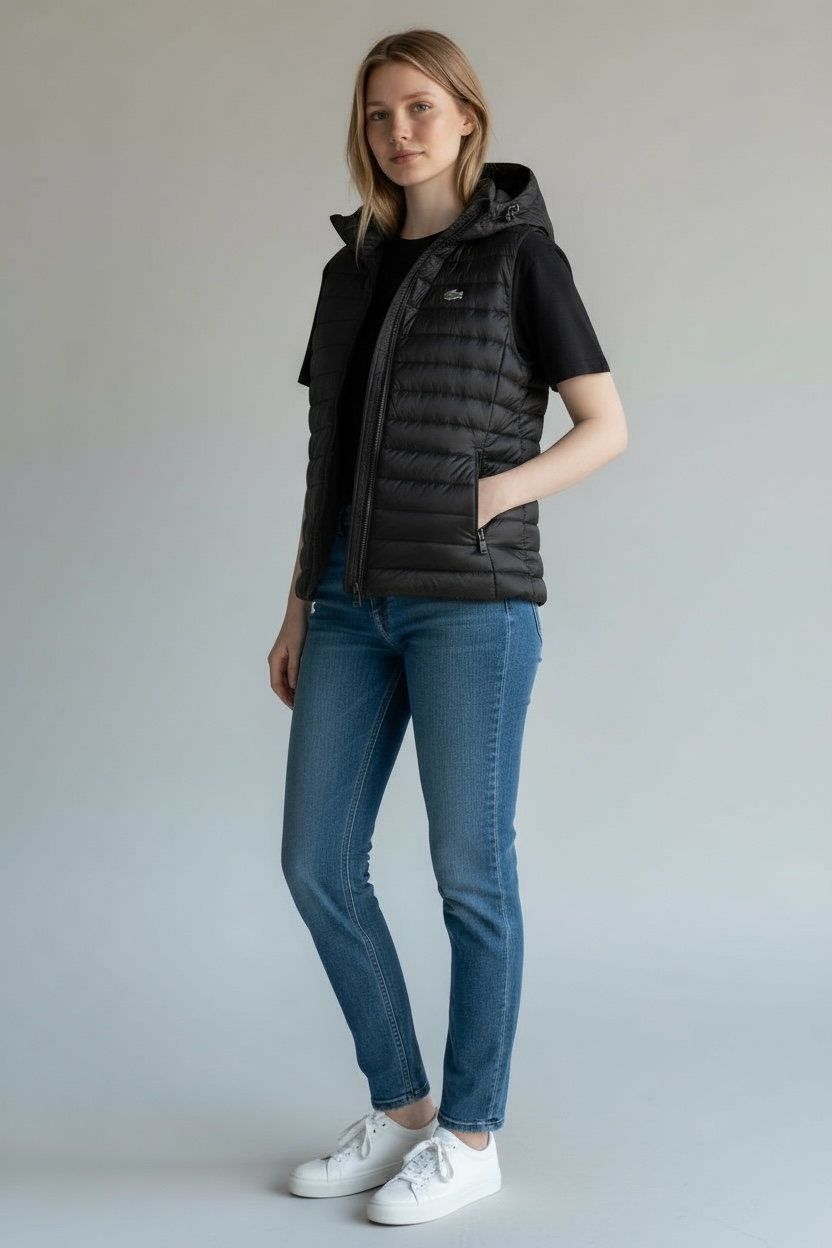 Γυναικείο Αμάνικο Puffer Γιλέκο Lacoste με Κουκούλα σε Μαύρο