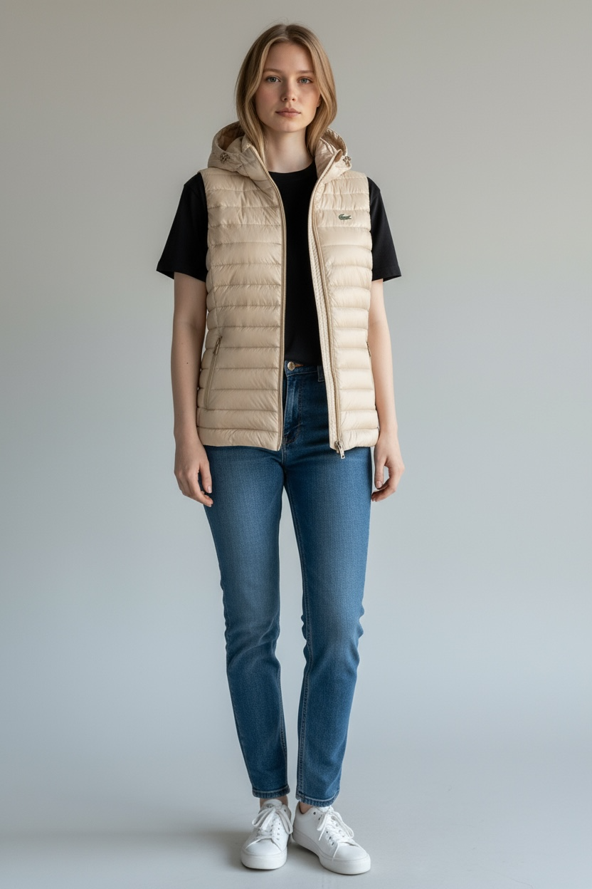 Γυναικείο Αμάνικο Puffer Γιλέκο Lacoste με Κουκούλα σε Μπεζ