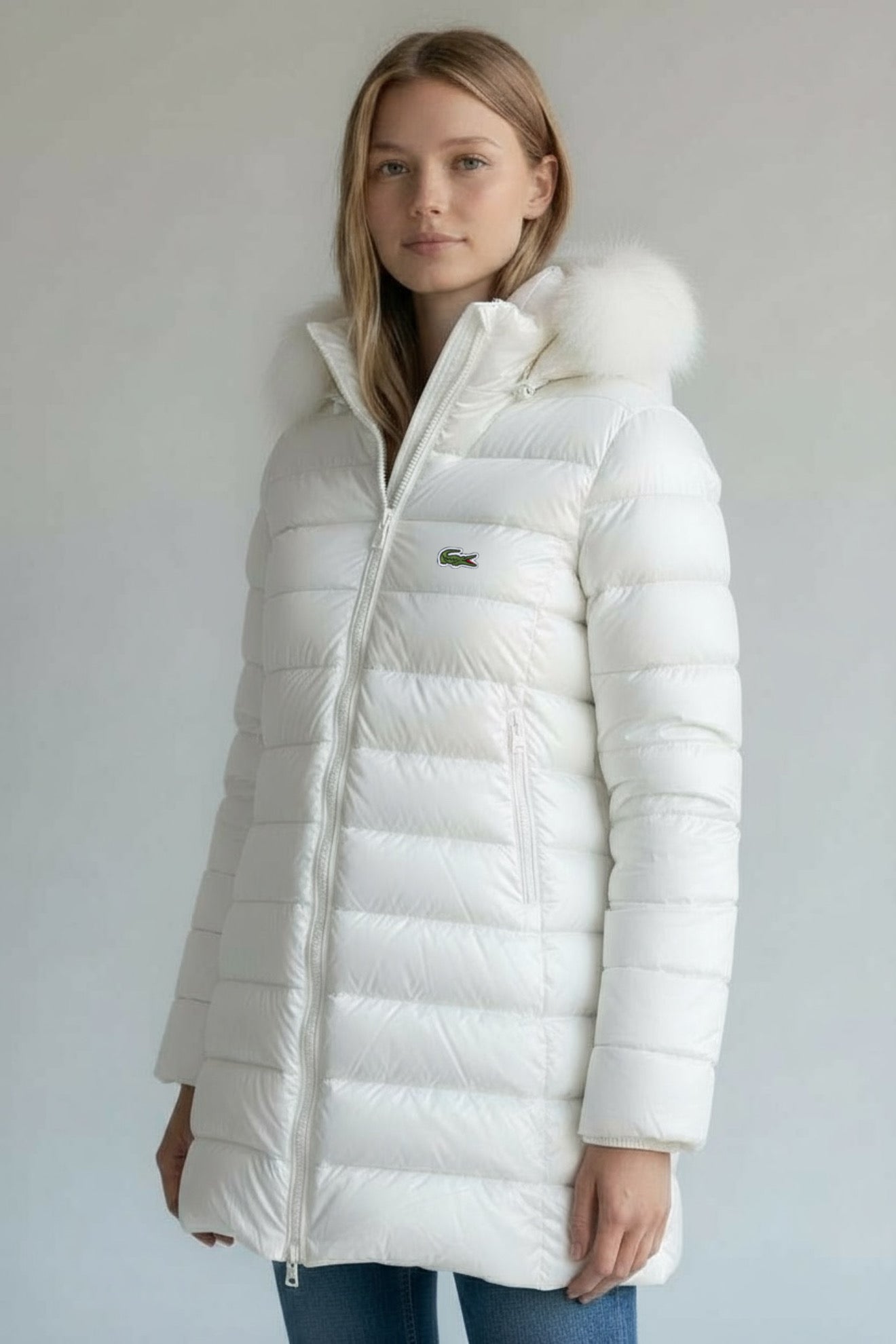 Γυναικείο Μπουφάν Lacoste Puffer με Γούνα – Λευκό