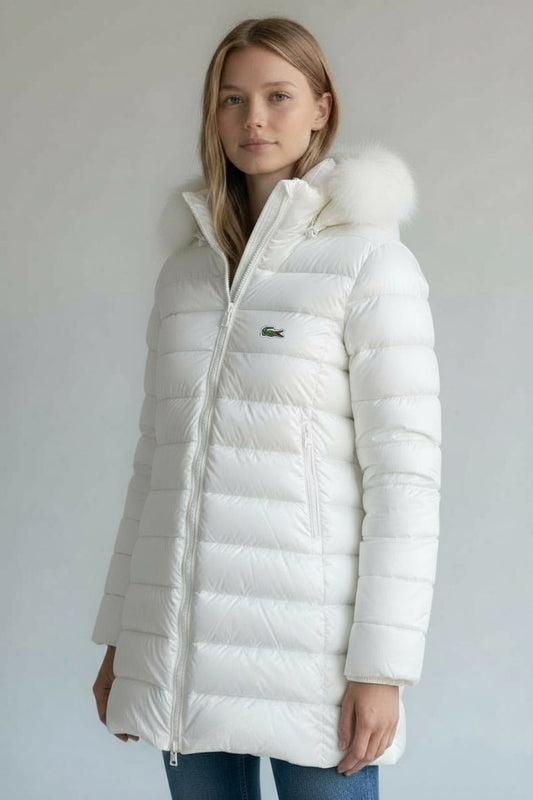 Γυναικείο Μπουφάν Lacoste Puffer με Γούνα – Λευκό