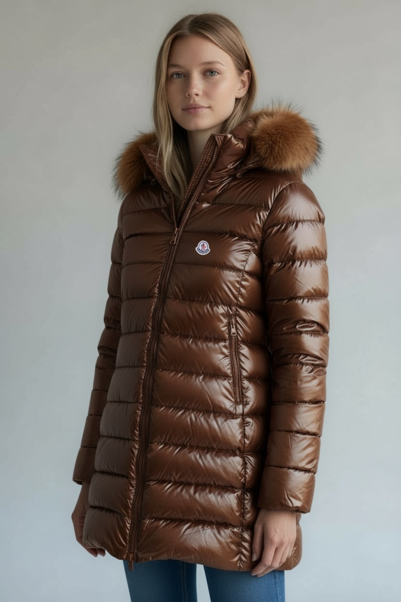 Γυναικείο Μπουφάν Moncler Puffer με Γούνα – Καφέ