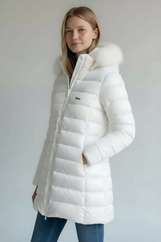 Γυναικείο Μπουφάν Lacoste Puffer με Γούνα – Λευκό