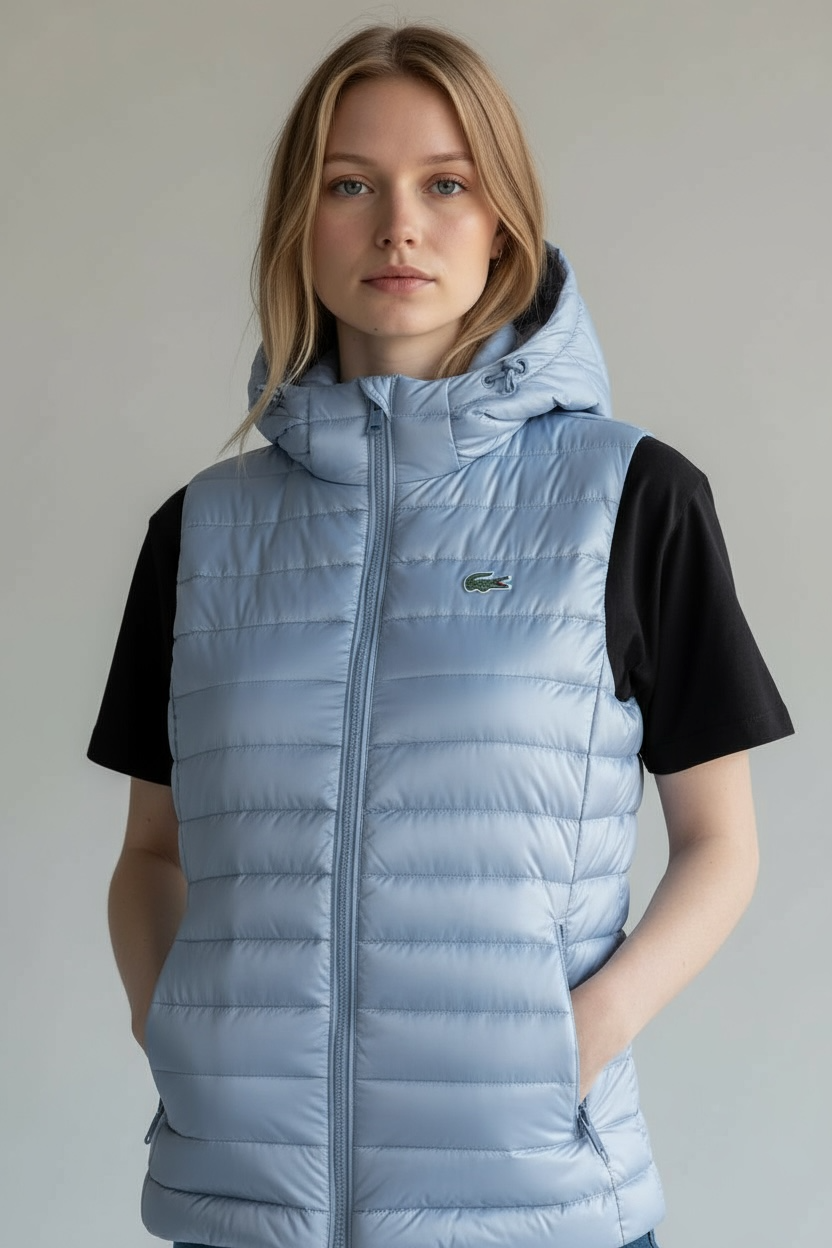 Γυναικείο Αμάνικο Puffer Γιλέκο Lacoste με Κουκούλα σε Ανοιχτό Γαλάζιο